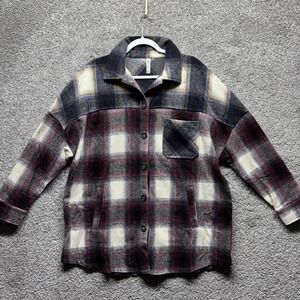 Zenana Women's Red Blue Plaid Flannel Oversized Button Shacket Size Medium 50in